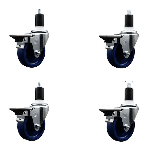 4'' Solid Poly Swivel 1-1/2'' Expanding Stem Caster Set with Brake, 4PK